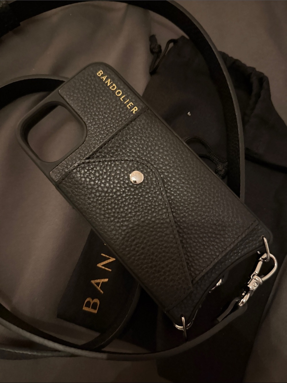 Bandolier Black Leather Crossbody Phone Case with Adjustable Strap